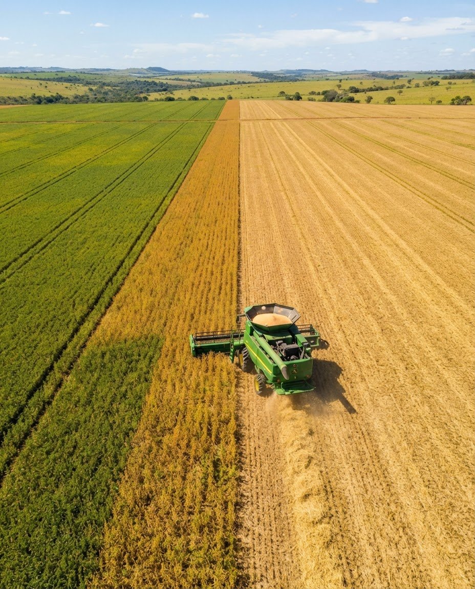 Vista aérea de colheitadeira colhendo soja no cerrado da Bahia