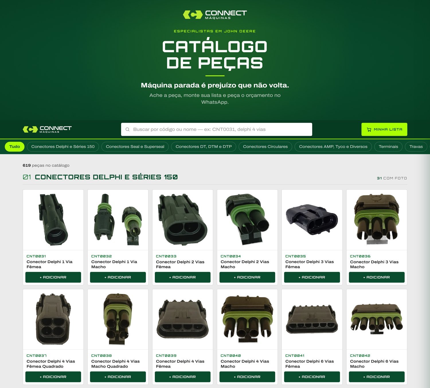 Tela do catálogo de peças online da Connect Máquinas — busca por código, produtos com foto e lista no WhatsApp